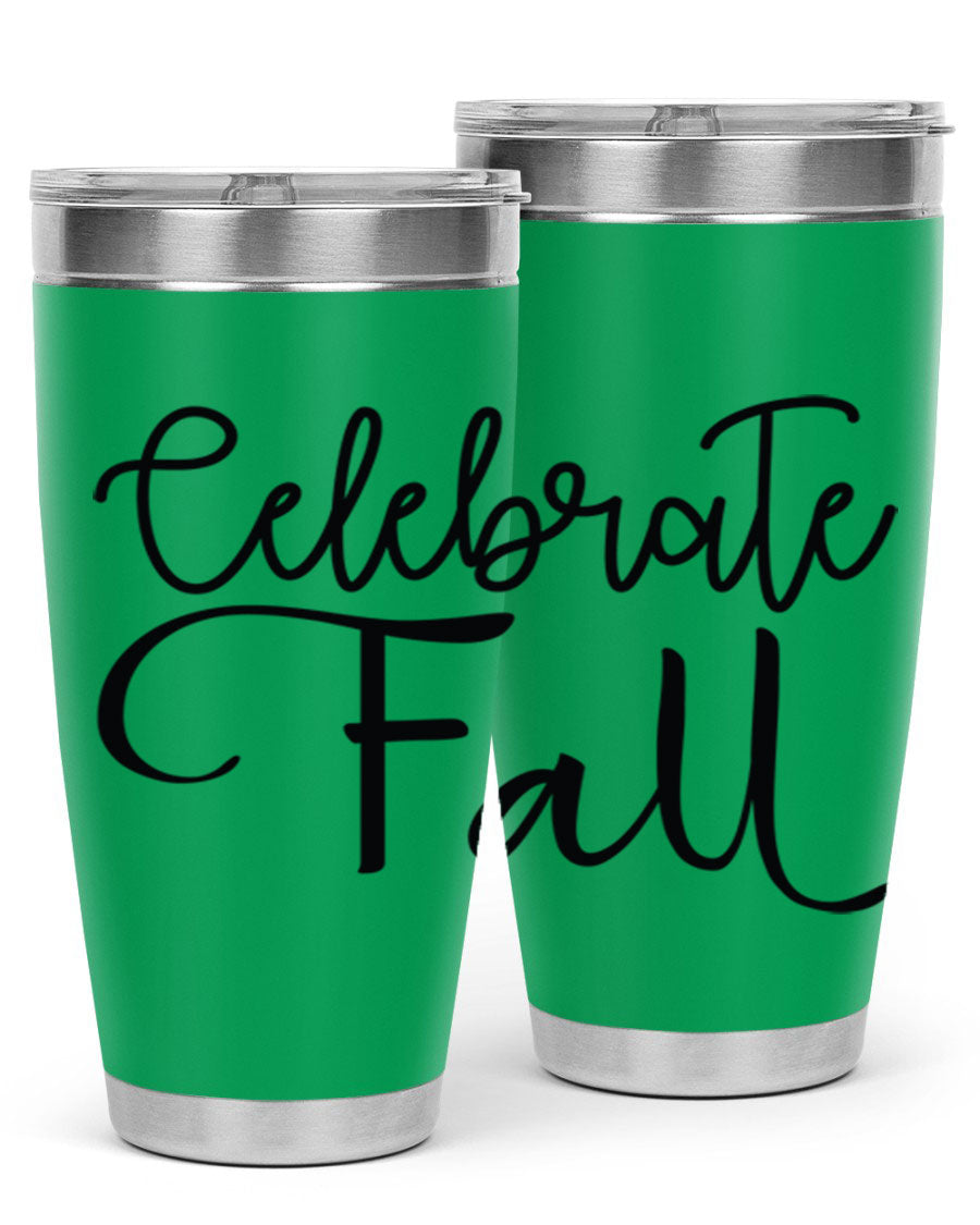 Celebrate Fall 20oz and 30oz tumblers made of stainless steel with copper lining, featuring a drink-thru lid, perfect for hot and cold beverages.