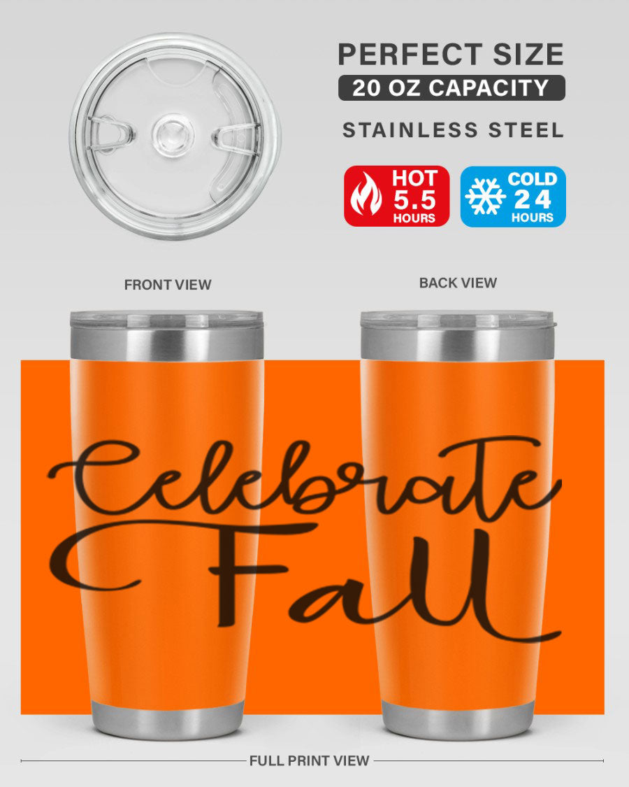 Celebrate Fall 20oz and 30oz tumblers made of stainless steel with copper lining, featuring a drink-thru lid, perfect for hot and cold beverages.