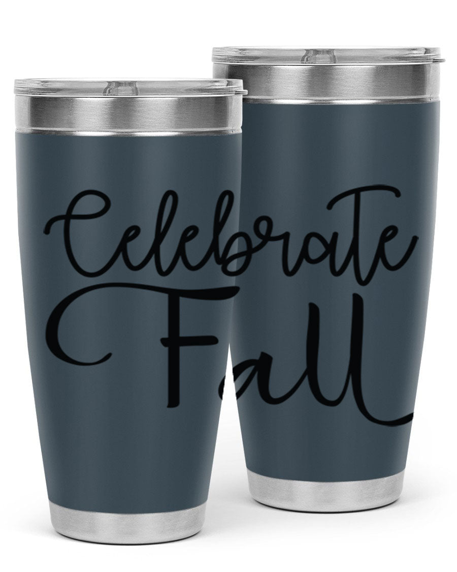 Celebrate Fall 20oz and 30oz tumblers made of stainless steel with copper lining, featuring a drink-thru lid, perfect for hot and cold beverages.