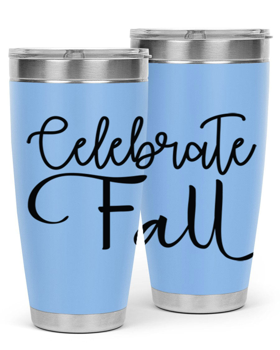 Celebrate Fall 20oz and 30oz tumblers made of stainless steel with copper lining, featuring a drink-thru lid, perfect for hot and cold beverages.