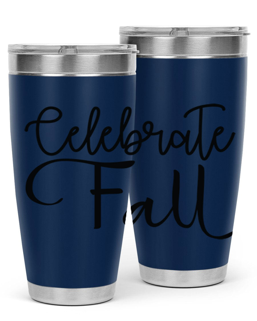 Celebrate Fall 20oz and 30oz tumblers made of stainless steel with copper lining, featuring a drink-thru lid, perfect for hot and cold beverages.