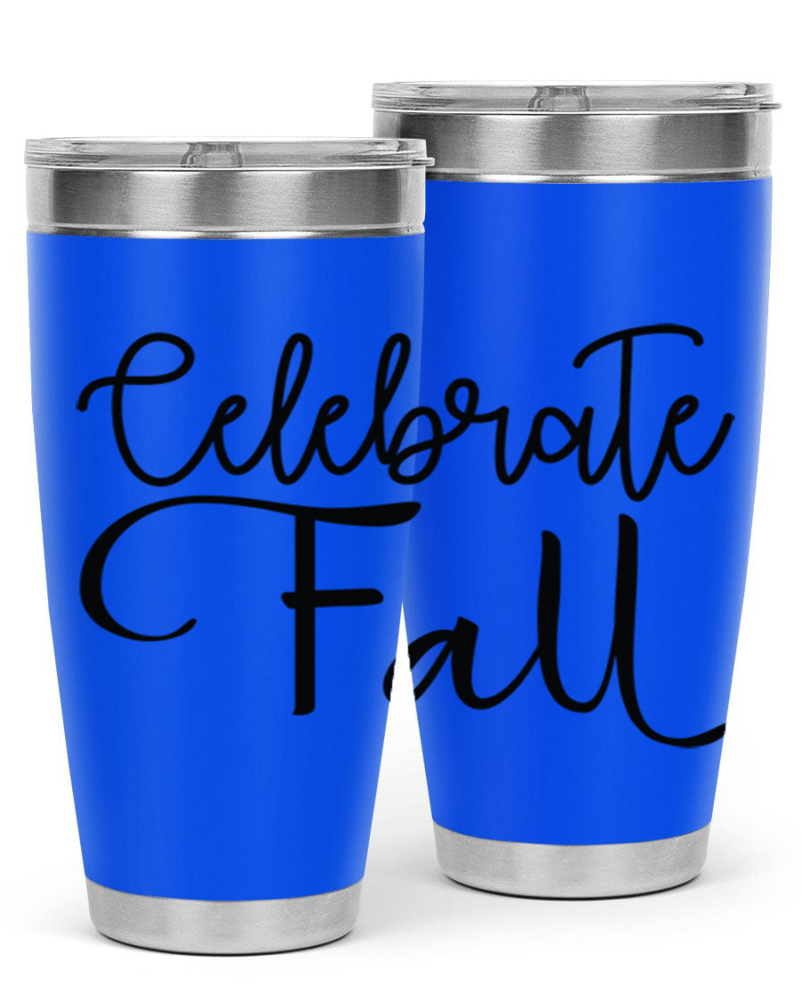 Celebrate Fall 20oz and 30oz tumblers made of stainless steel with copper lining, featuring a drink-thru lid, perfect for hot and cold beverages.