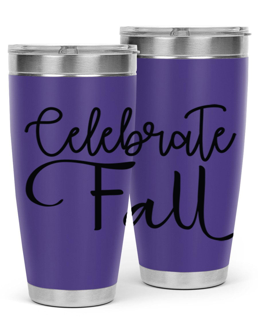 Celebrate Fall 20oz and 30oz tumblers made of stainless steel with copper lining, featuring a drink-thru lid, perfect for hot and cold beverages.