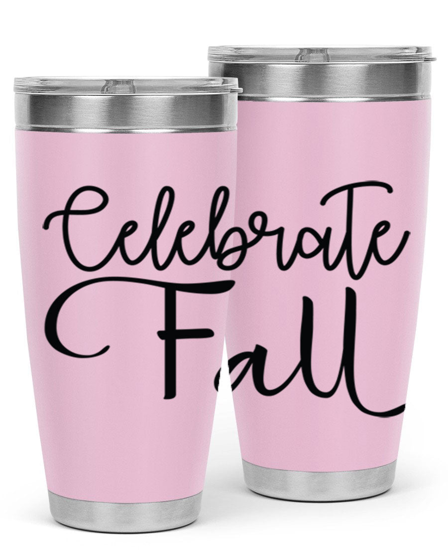Celebrate Fall 20oz and 30oz tumblers made of stainless steel with copper lining, featuring a drink-thru lid, perfect for hot and cold beverages.