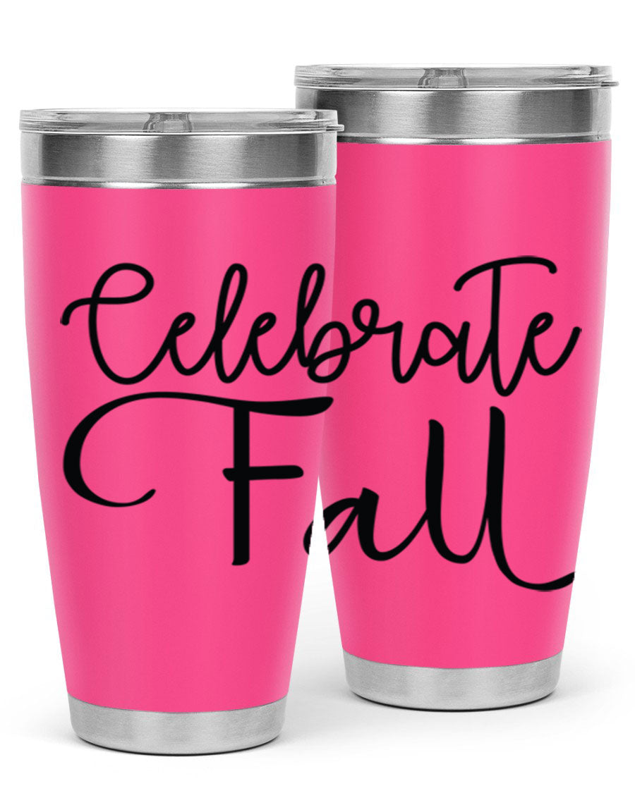 Celebrate Fall 20oz and 30oz tumblers made of stainless steel with copper lining, featuring a drink-thru lid, perfect for hot and cold beverages.