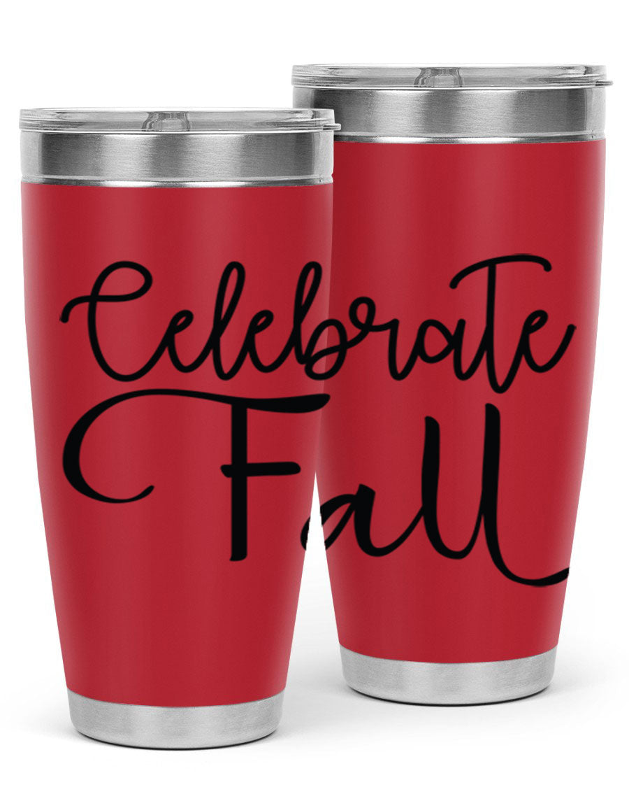 Celebrate Fall 20oz and 30oz tumblers made of stainless steel with copper lining, featuring a drink-thru lid, perfect for hot and cold beverages.