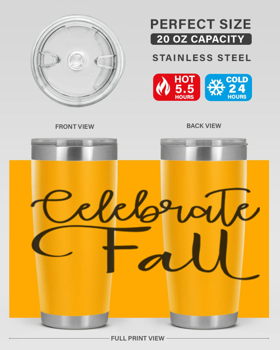 Celebrate Fall 20oz and 30oz tumblers made of stainless steel with copper lining, featuring a drink-thru lid, perfect for hot and cold beverages.