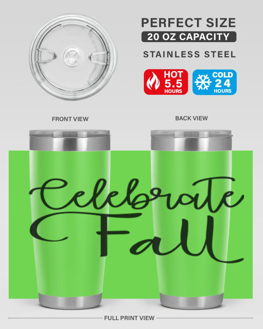 Celebrate Fall 20oz and 30oz tumblers made of stainless steel with copper lining, featuring a drink-thru lid, perfect for hot and cold beverages.