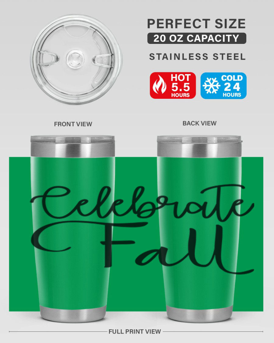 Celebrate Fall 20oz and 30oz tumblers made of stainless steel with copper lining, featuring a drink-thru lid, perfect for hot and cold beverages.