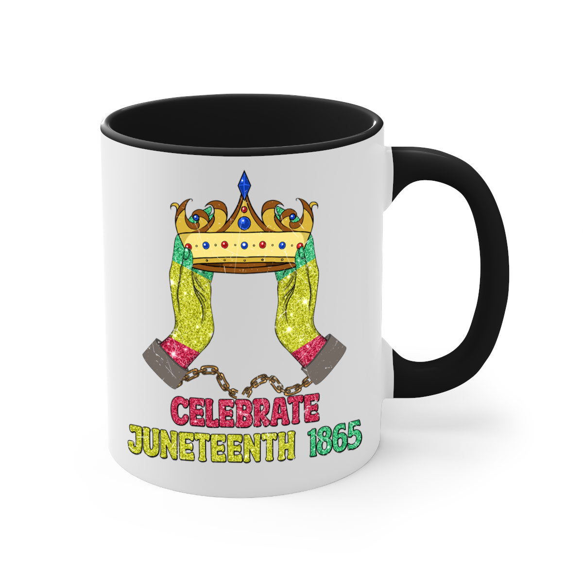 Celebrate Juneteenth 1865 Crown Designs Mug with colorful handle and glossy finish, available in multiple colors.