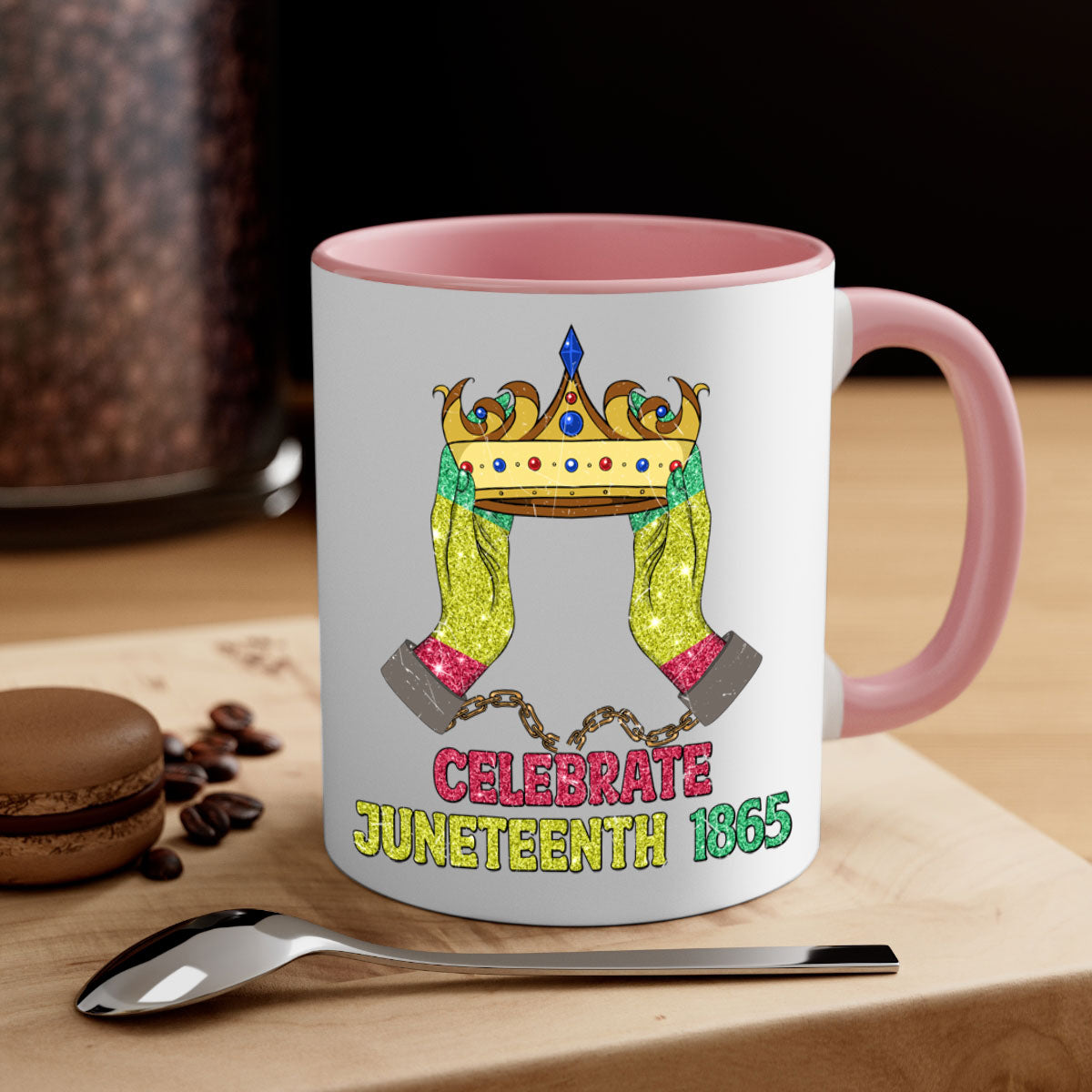 Celebrate Juneteenth 1865 Crown Designs Mug with colorful handle and glossy finish, available in multiple colors.