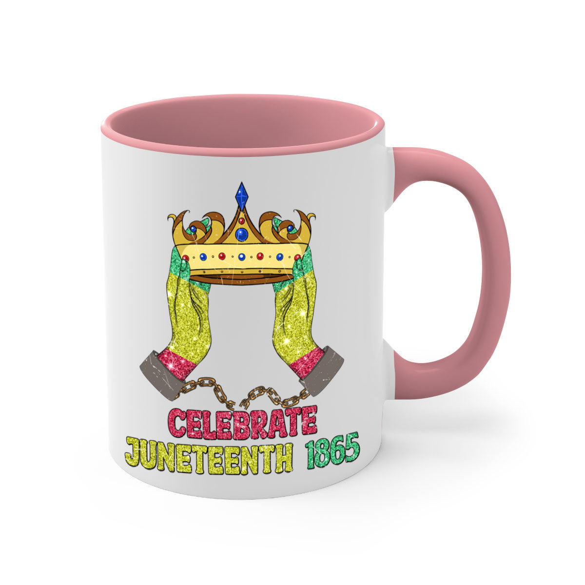 Celebrate Juneteenth 1865 Crown Designs Mug with colorful handle and glossy finish, available in multiple colors.