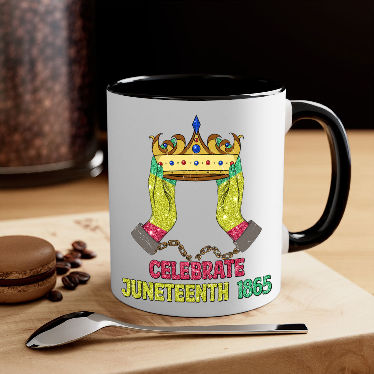 Celebrate Juneteenth 1865 Crown Designs Mug with colorful handle and glossy finish, available in multiple colors.