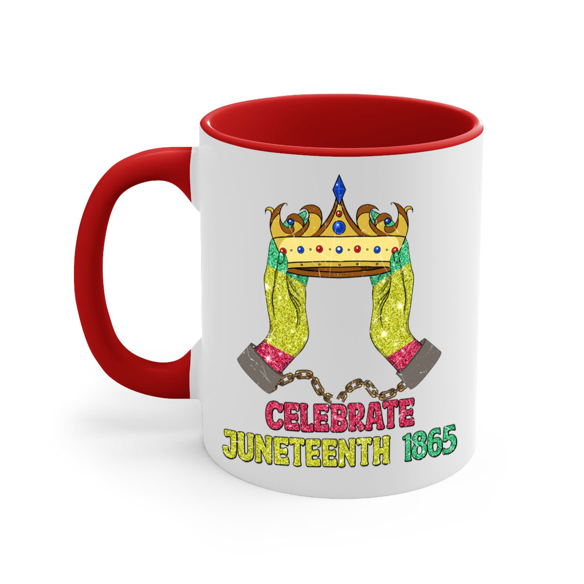 Celebrate Juneteenth 1865 Crown Designs Mug with colorful handle and glossy finish, available in multiple colors.