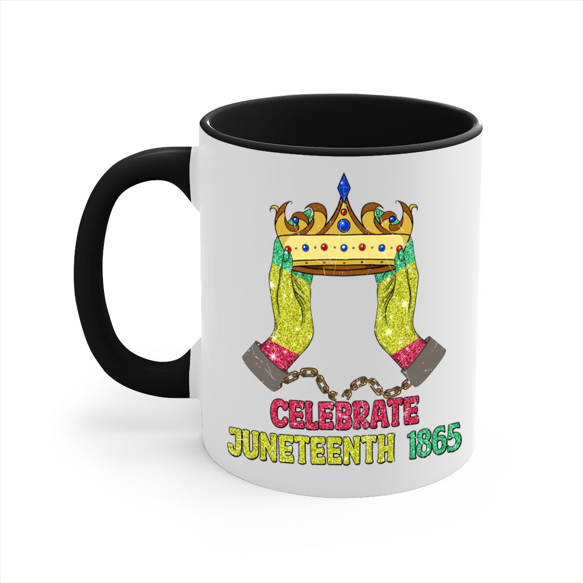 Celebrate Juneteenth 1865 Crown Designs Mug with colorful handle and glossy finish, available in multiple colors.