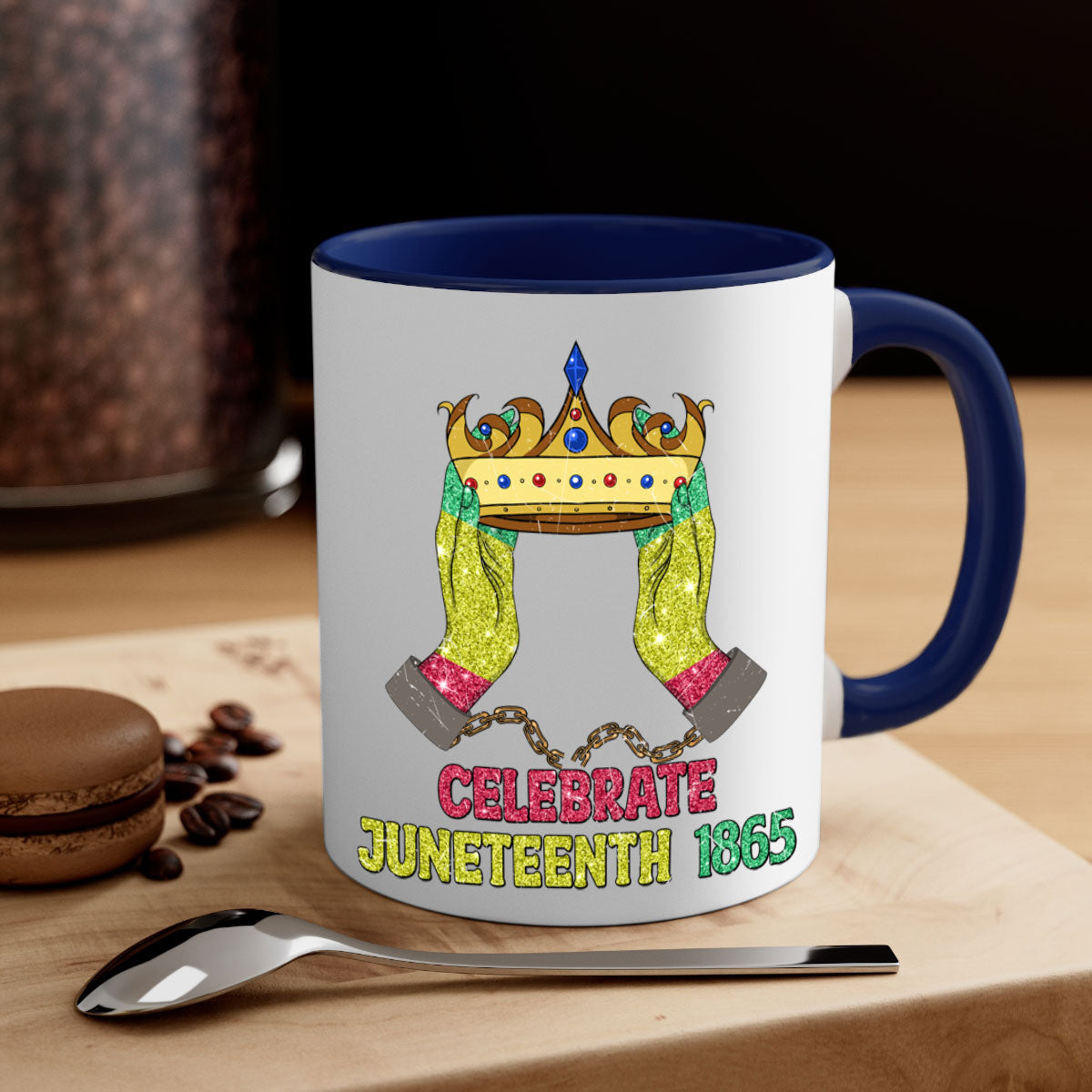 Celebrate Juneteenth 1865 Crown Designs Mug with colorful handle and glossy finish, available in multiple colors.