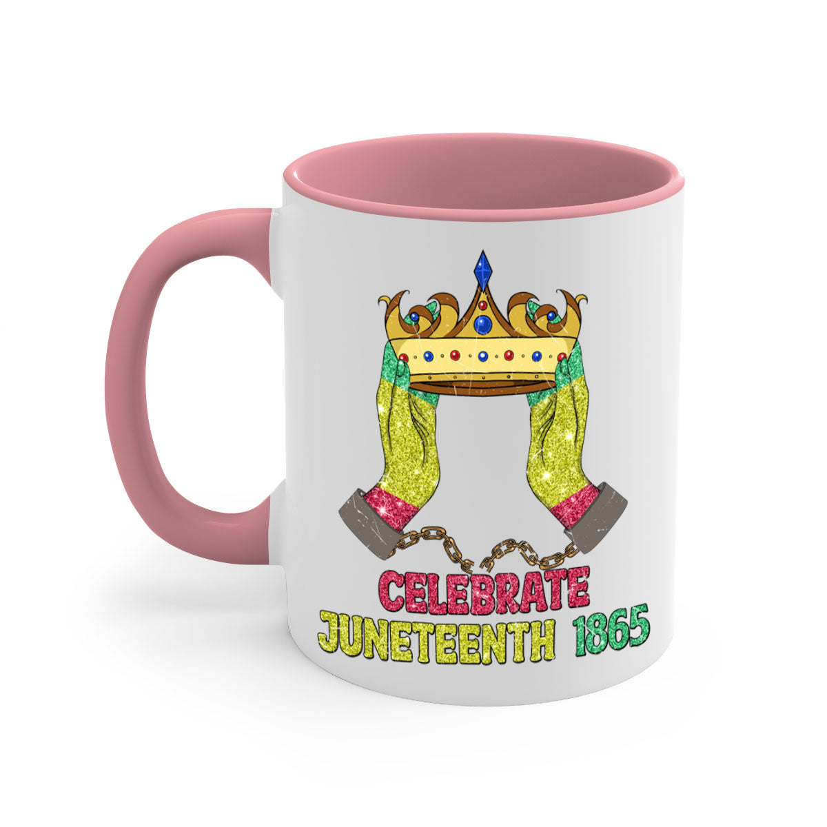 Celebrate Juneteenth 1865 Crown Designs Mug with colorful handle and glossy finish, available in multiple colors.