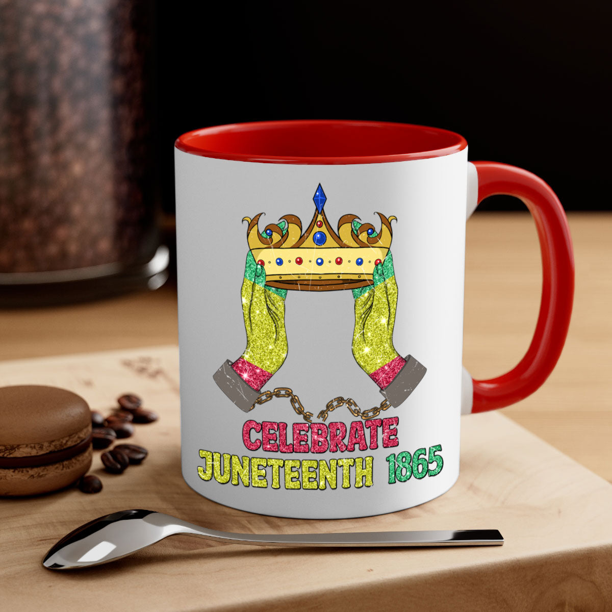 Celebrate Juneteenth 1865 Crown Designs Mug with colorful handle and glossy finish, available in multiple colors.