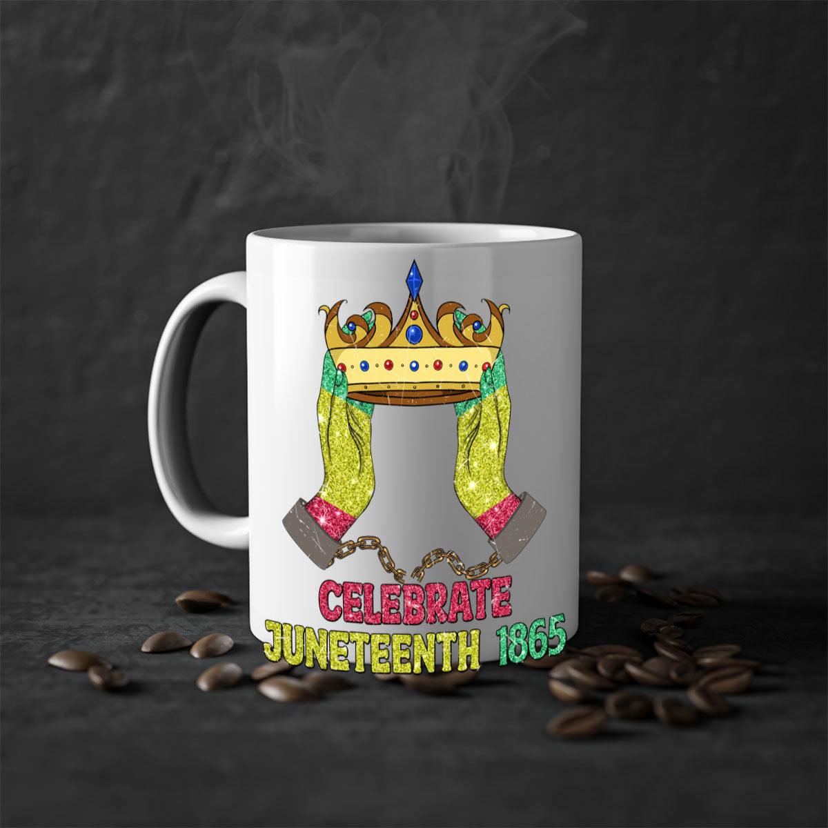 Celebrate Juneteenth 1865 Crown Designs Mug with colorful handle and glossy finish, available in multiple colors.