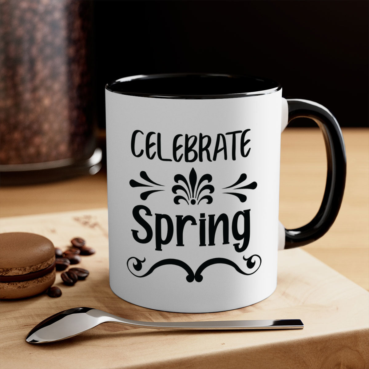 Celebrate Spring 100# Mug featuring a glossy finish, colored handle, and interior, available in five vibrant colors.