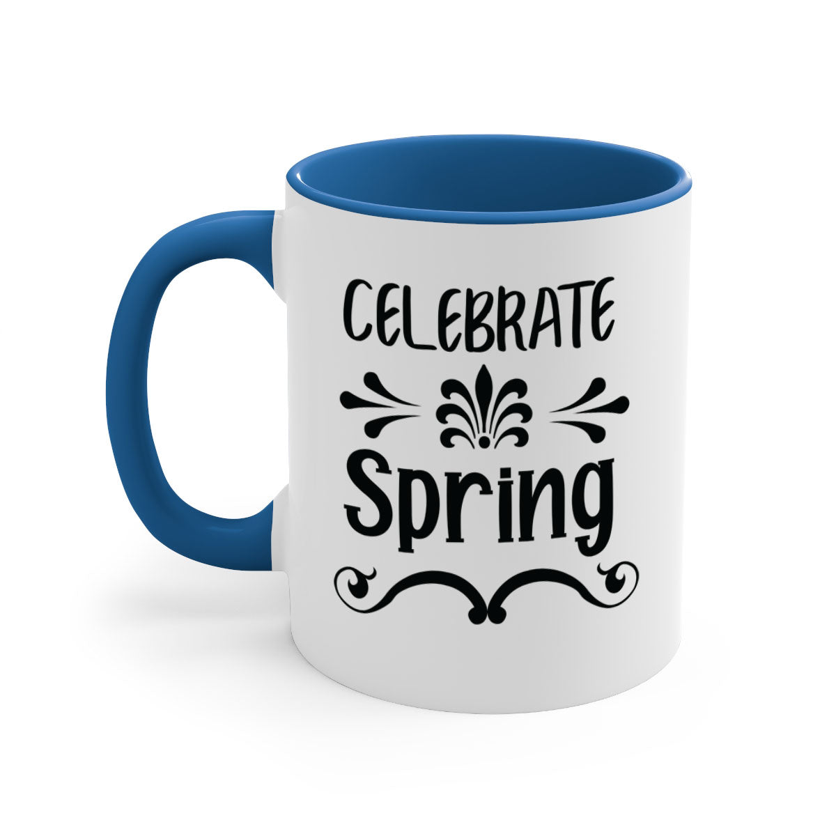 Celebrate Spring 100# Mug featuring a glossy finish, colored handle, and interior, available in five vibrant colors.