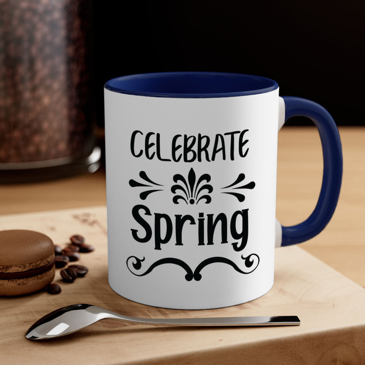 Celebrate Spring 100# Mug featuring a glossy finish, colored handle, and interior, available in five vibrant colors.