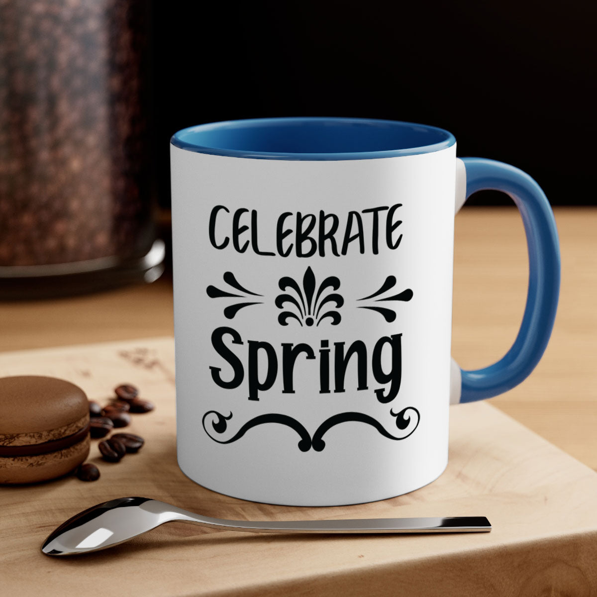 Celebrate Spring 100# Mug featuring a glossy finish, colored handle, and interior, available in five vibrant colors.