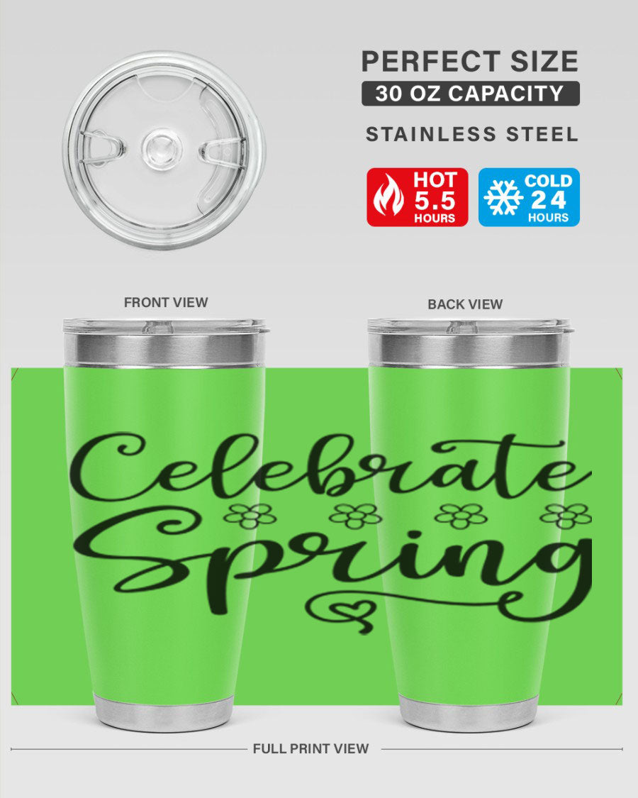 Celebrate Spring 20oz and 30oz tumblers made of stainless steel with vibrant spring designs, showcasing their double wall vacuum insulation.