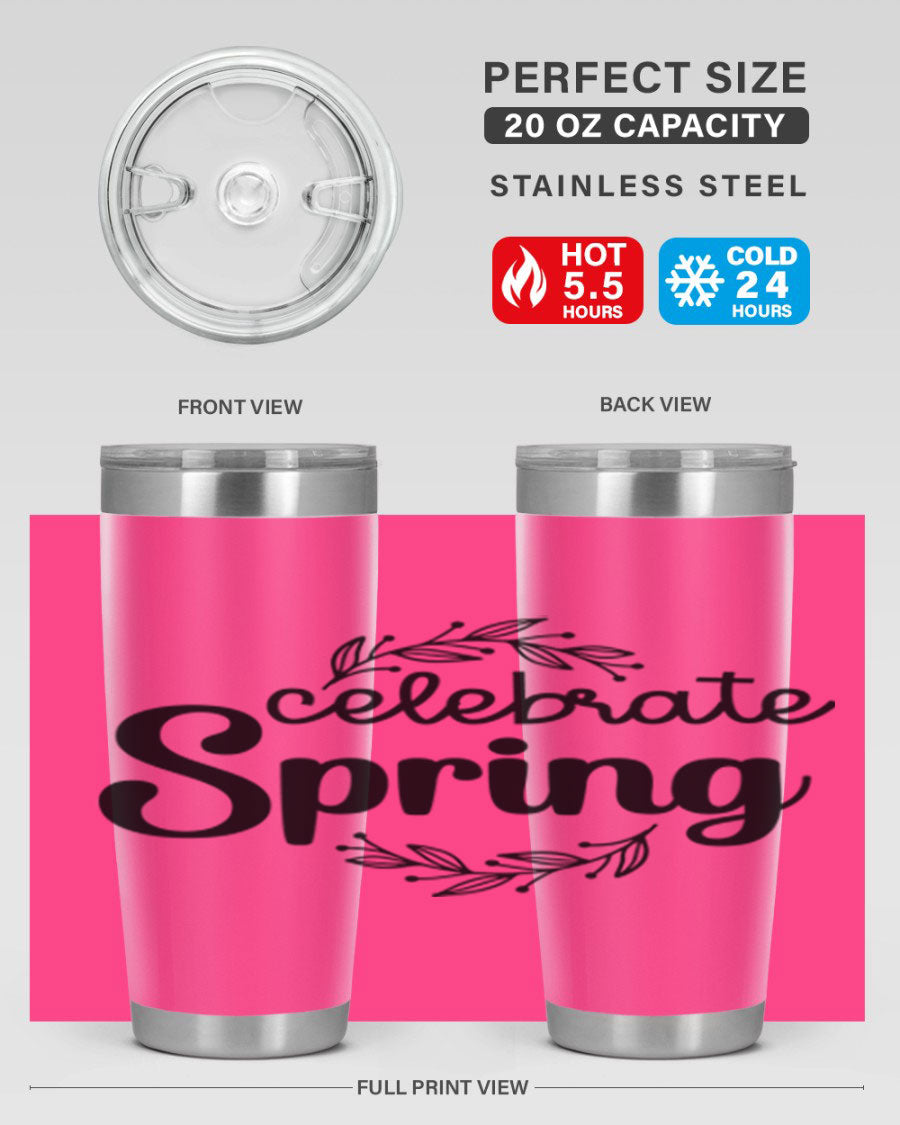 Celebrate Spring 20oz and 30oz tumblers made of double wall vacuum stainless steel with vibrant spring-themed designs.
