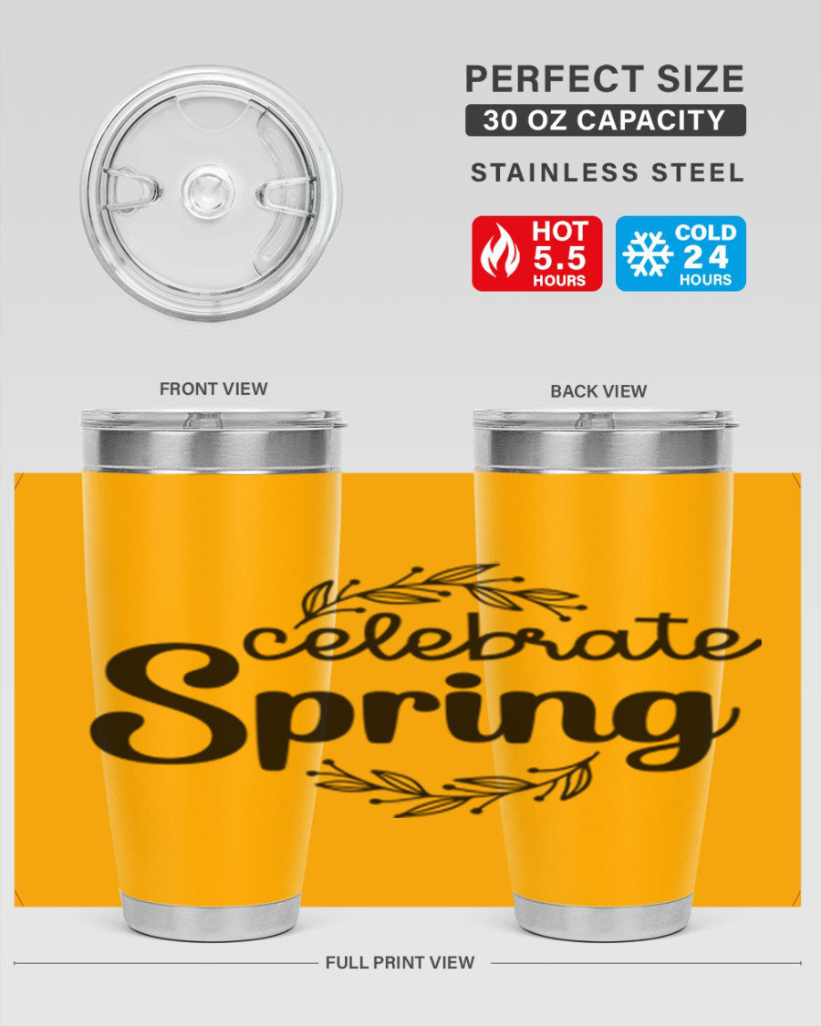 Celebrate Spring 20oz and 30oz tumblers made of double wall vacuum stainless steel with vibrant spring-themed designs.