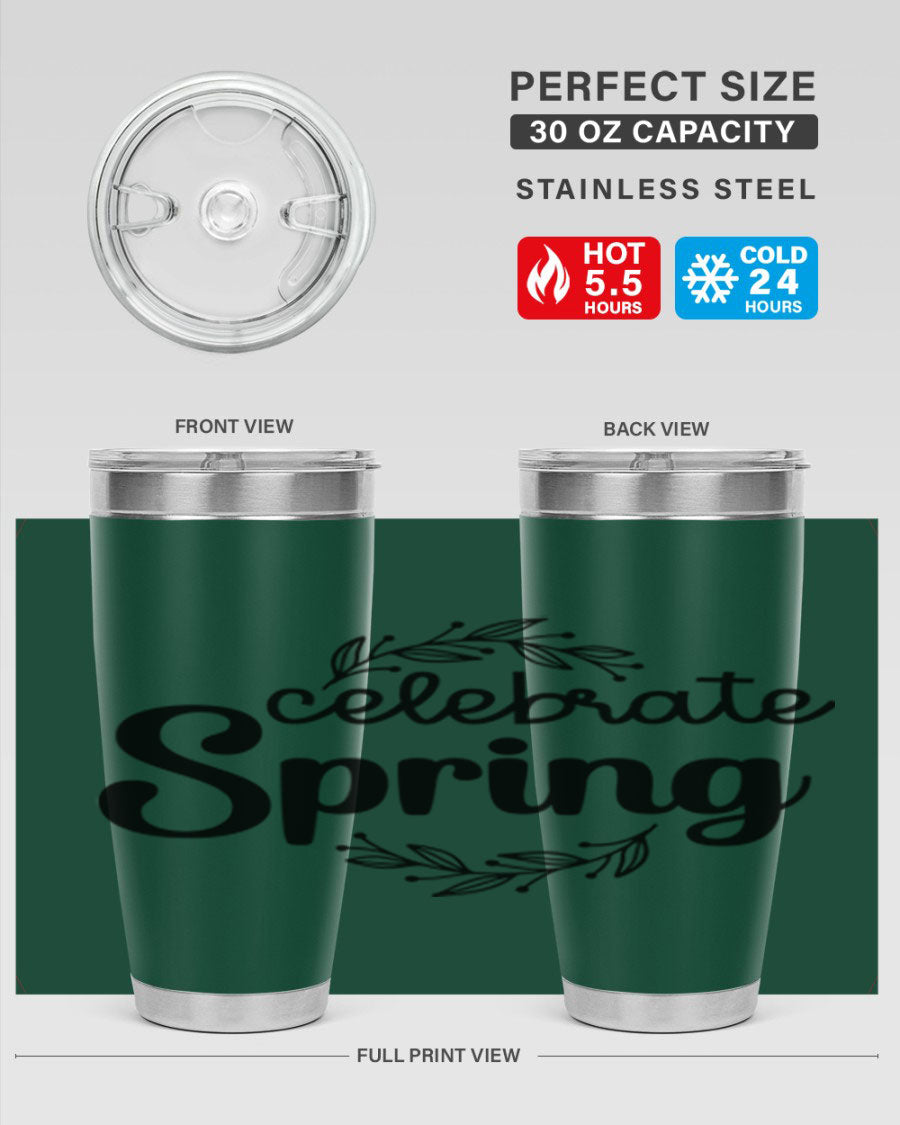 Celebrate Spring 20oz and 30oz tumblers made of double wall vacuum stainless steel with vibrant spring-themed designs.