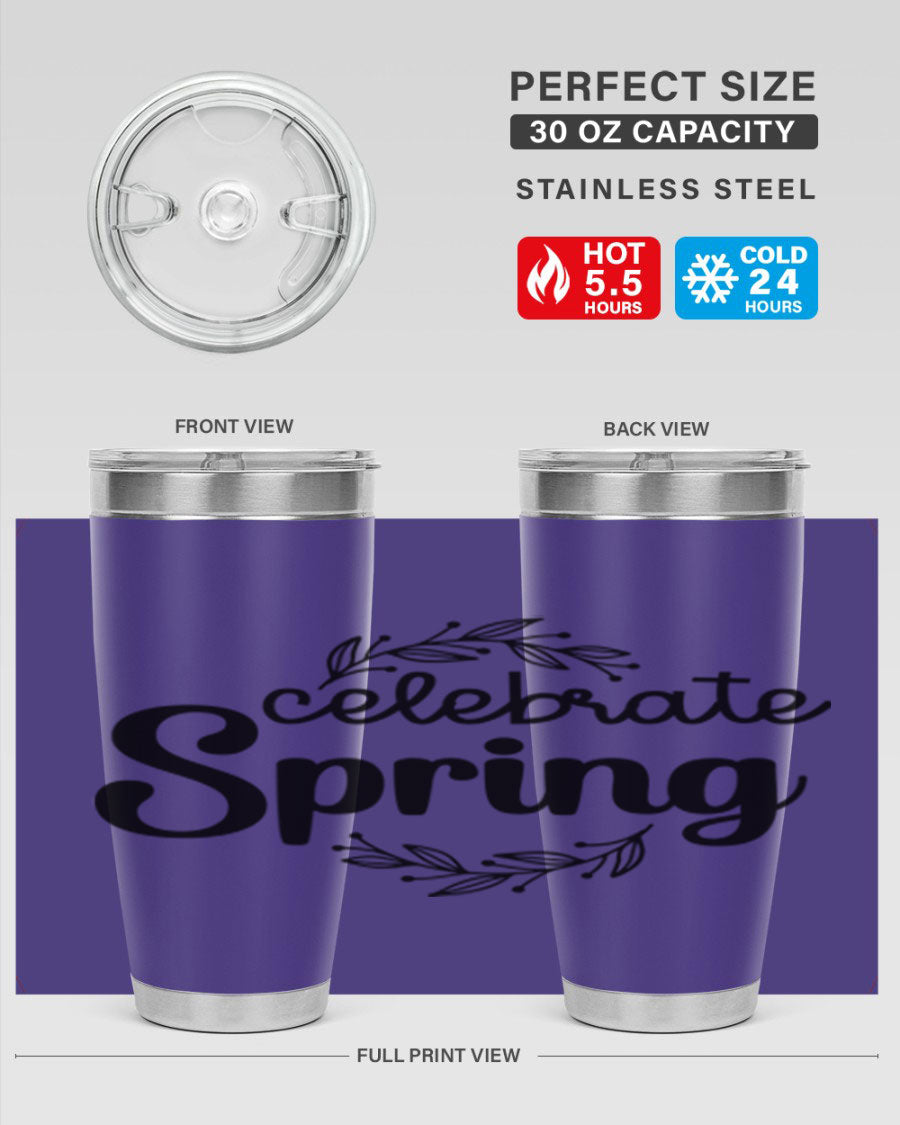 Celebrate Spring 20oz and 30oz tumblers made of double wall vacuum stainless steel with vibrant spring-themed designs.