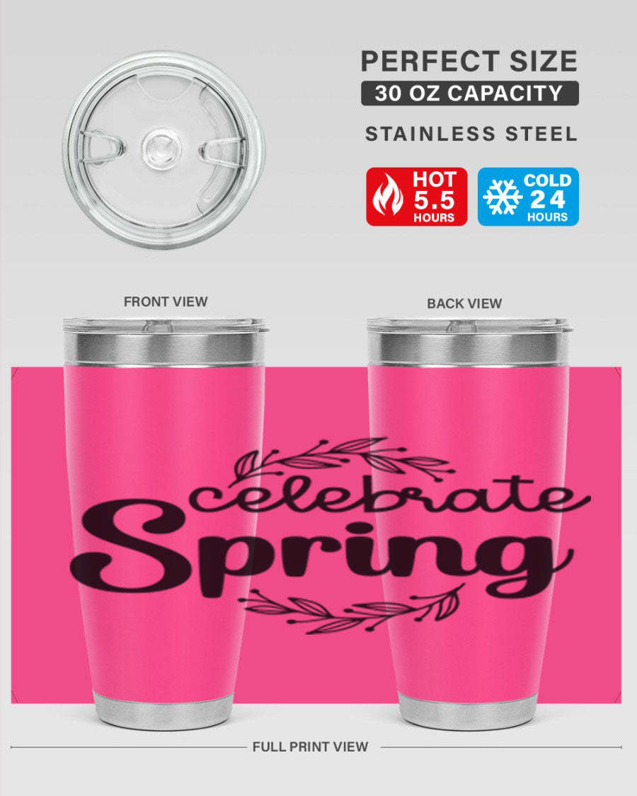 Celebrate Spring 20oz and 30oz tumblers made of double wall vacuum stainless steel with vibrant spring-themed designs.