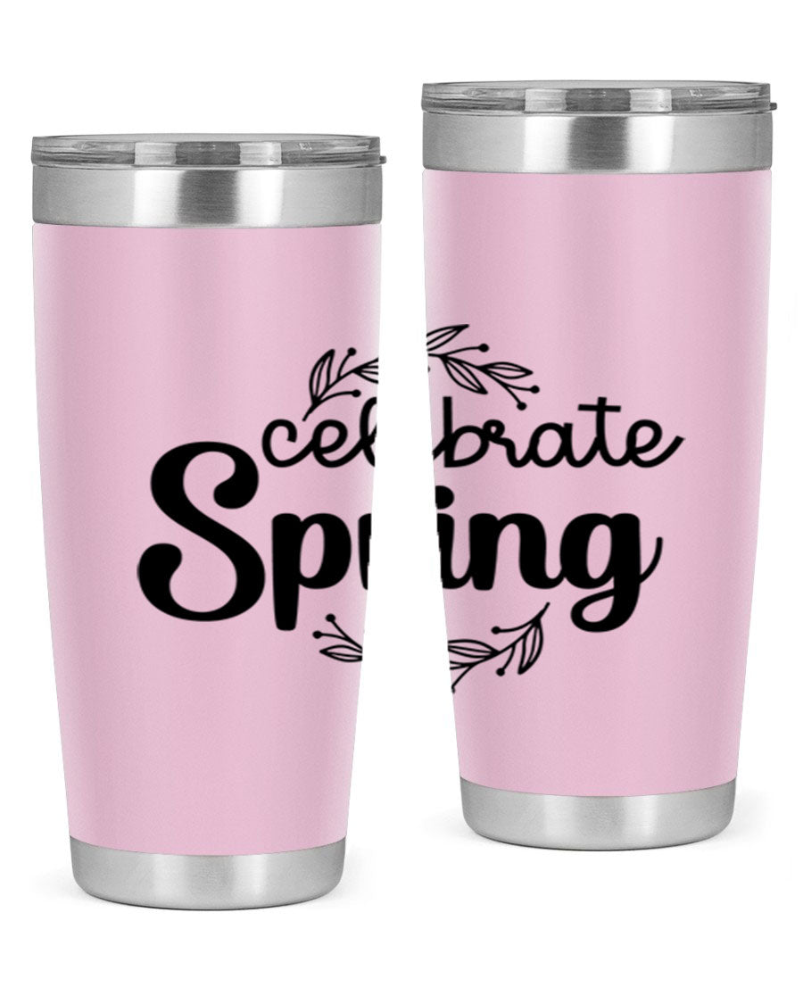 Celebrate Spring 20oz and 30oz tumblers made of double wall vacuum stainless steel with vibrant spring-themed designs.