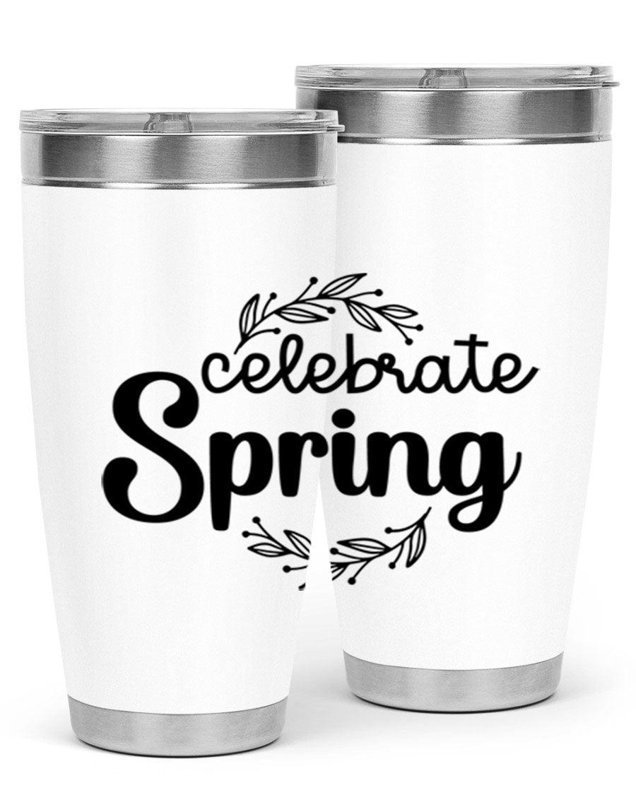 Celebrate Spring 20oz and 30oz tumblers made of double wall vacuum stainless steel with vibrant spring-themed designs.