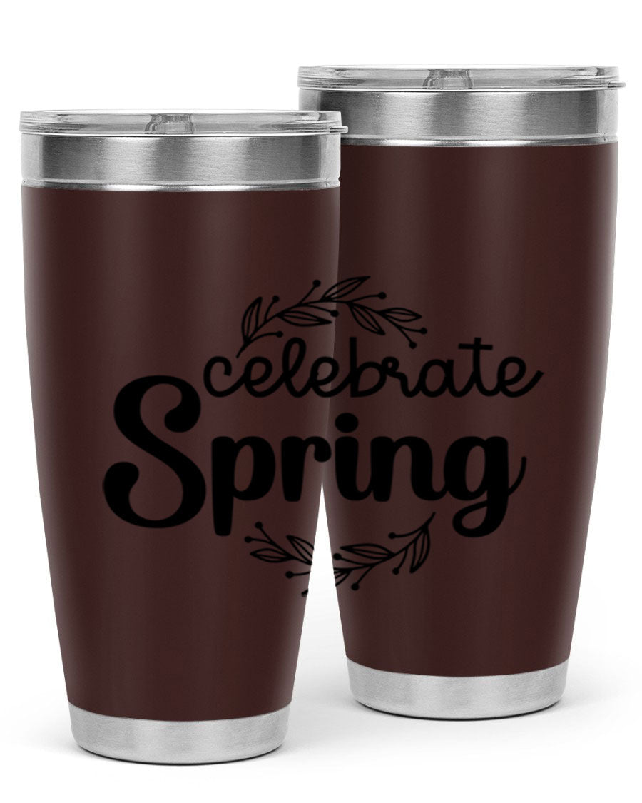 Celebrate Spring 20oz and 30oz tumblers made of double wall vacuum stainless steel with vibrant spring-themed designs.