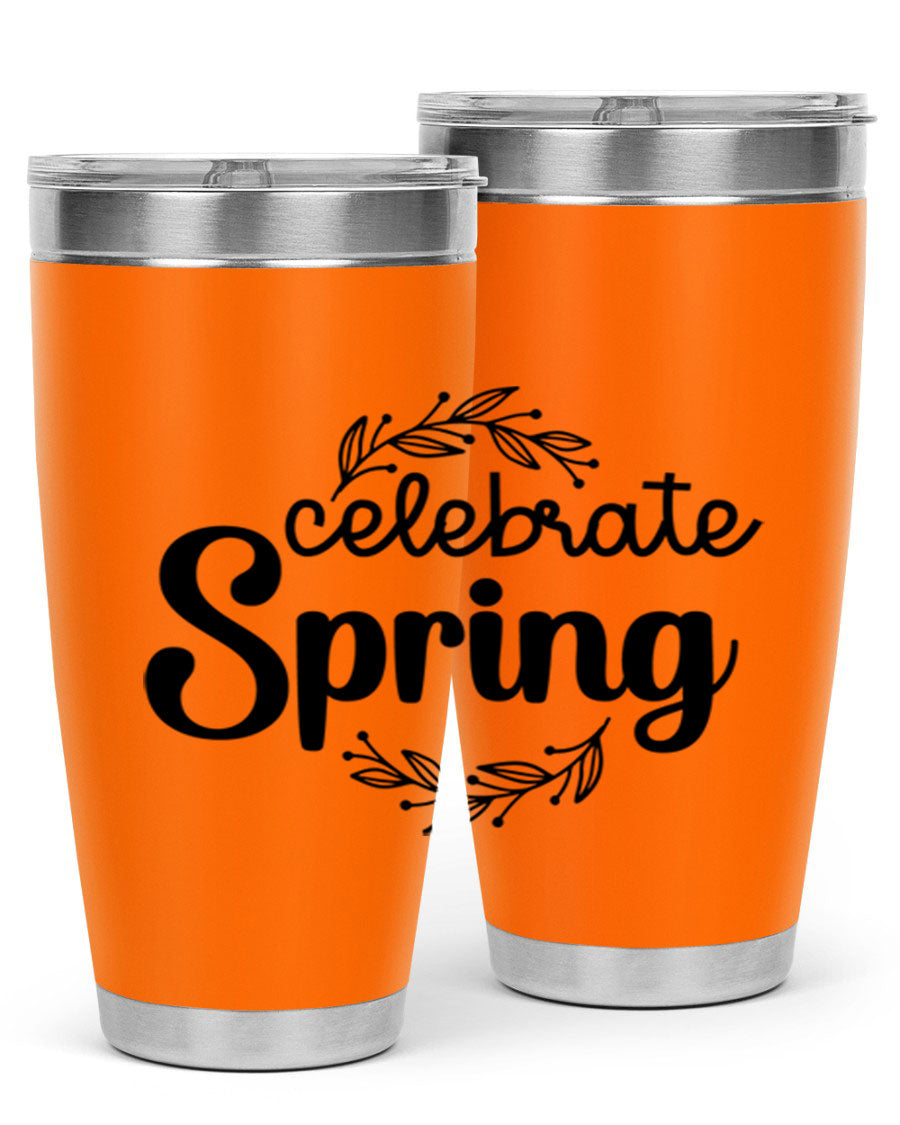 Celebrate Spring 20oz and 30oz tumblers made of double wall vacuum stainless steel with vibrant spring-themed designs.