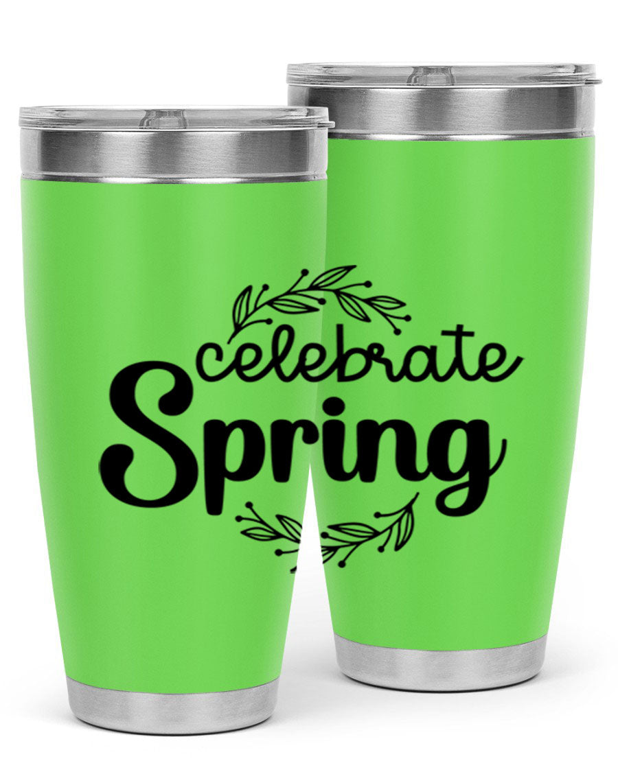 Celebrate Spring 20oz and 30oz tumblers made of double wall vacuum stainless steel with vibrant spring-themed designs.
