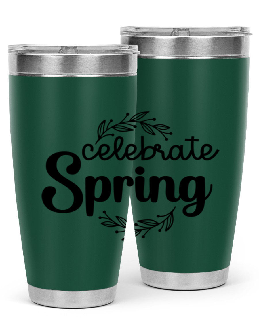 Celebrate Spring 20oz and 30oz tumblers made of double wall vacuum stainless steel with vibrant spring-themed designs.