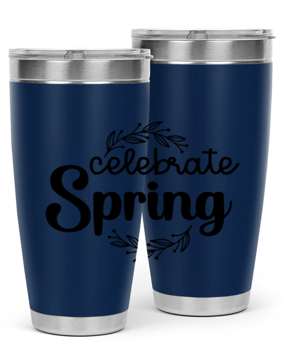 Celebrate Spring 20oz and 30oz tumblers made of double wall vacuum stainless steel with vibrant spring-themed designs.