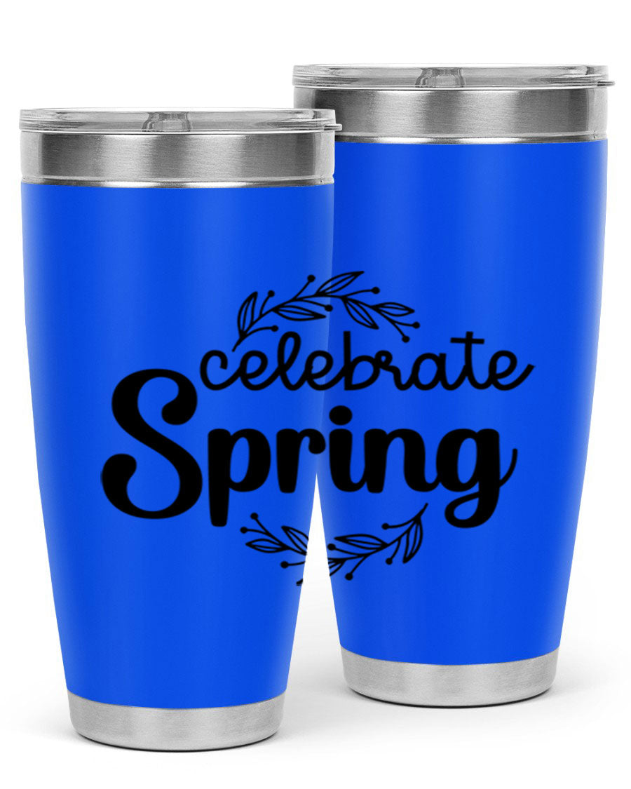Celebrate Spring 20oz and 30oz tumblers made of double wall vacuum stainless steel with vibrant spring-themed designs.