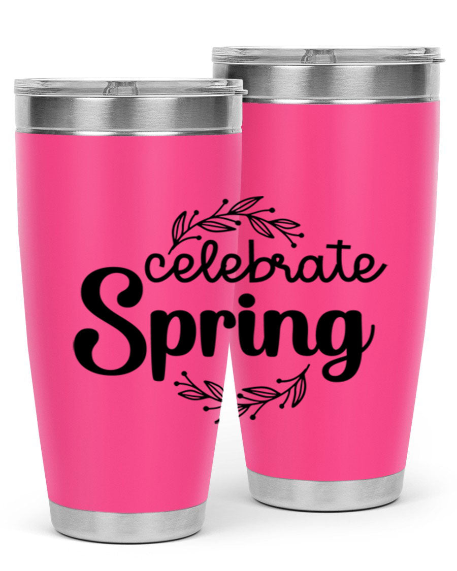 Celebrate Spring 20oz and 30oz tumblers made of double wall vacuum stainless steel with vibrant spring-themed designs.
