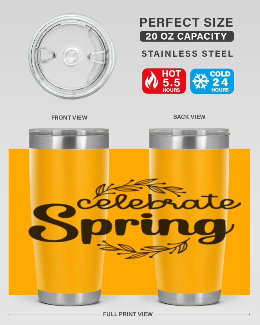 Celebrate Spring 20oz and 30oz tumblers made of double wall vacuum stainless steel with vibrant spring-themed designs.
