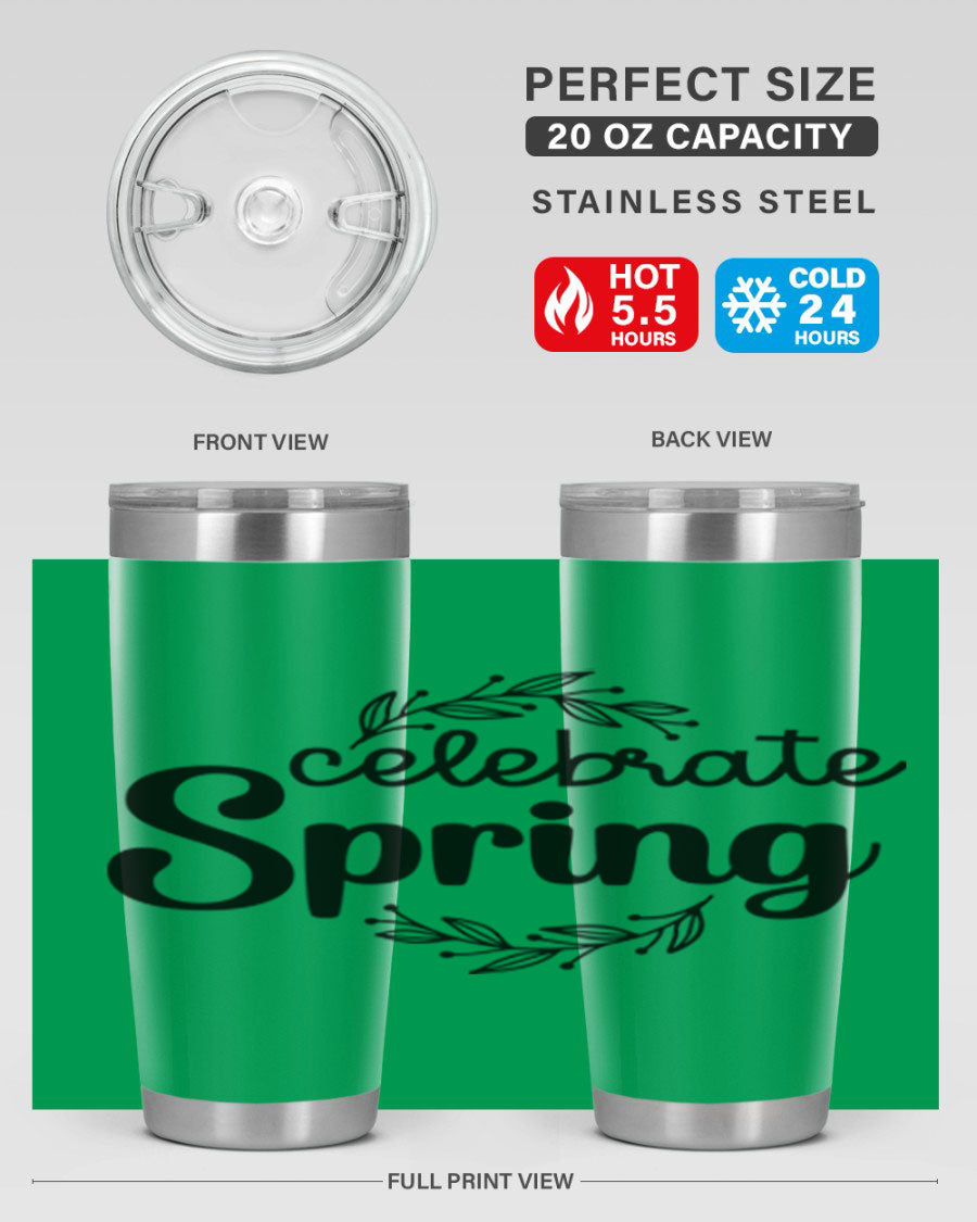 Celebrate Spring 20oz and 30oz tumblers made of double wall vacuum stainless steel with vibrant spring-themed designs.