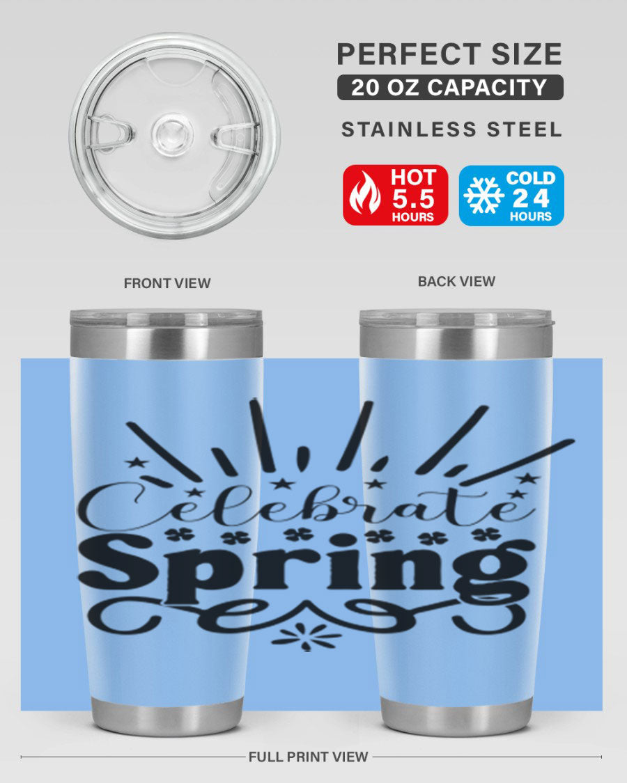 Celebrate Spring 20oz Tumbler made of stainless steel with a vibrant spring design, featuring a drink-thru lid.