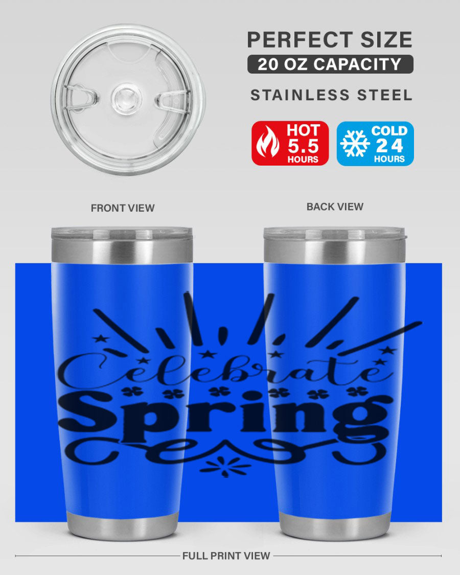 Celebrate Spring 20oz Tumbler made of stainless steel with a vibrant spring design, featuring a drink-thru lid.