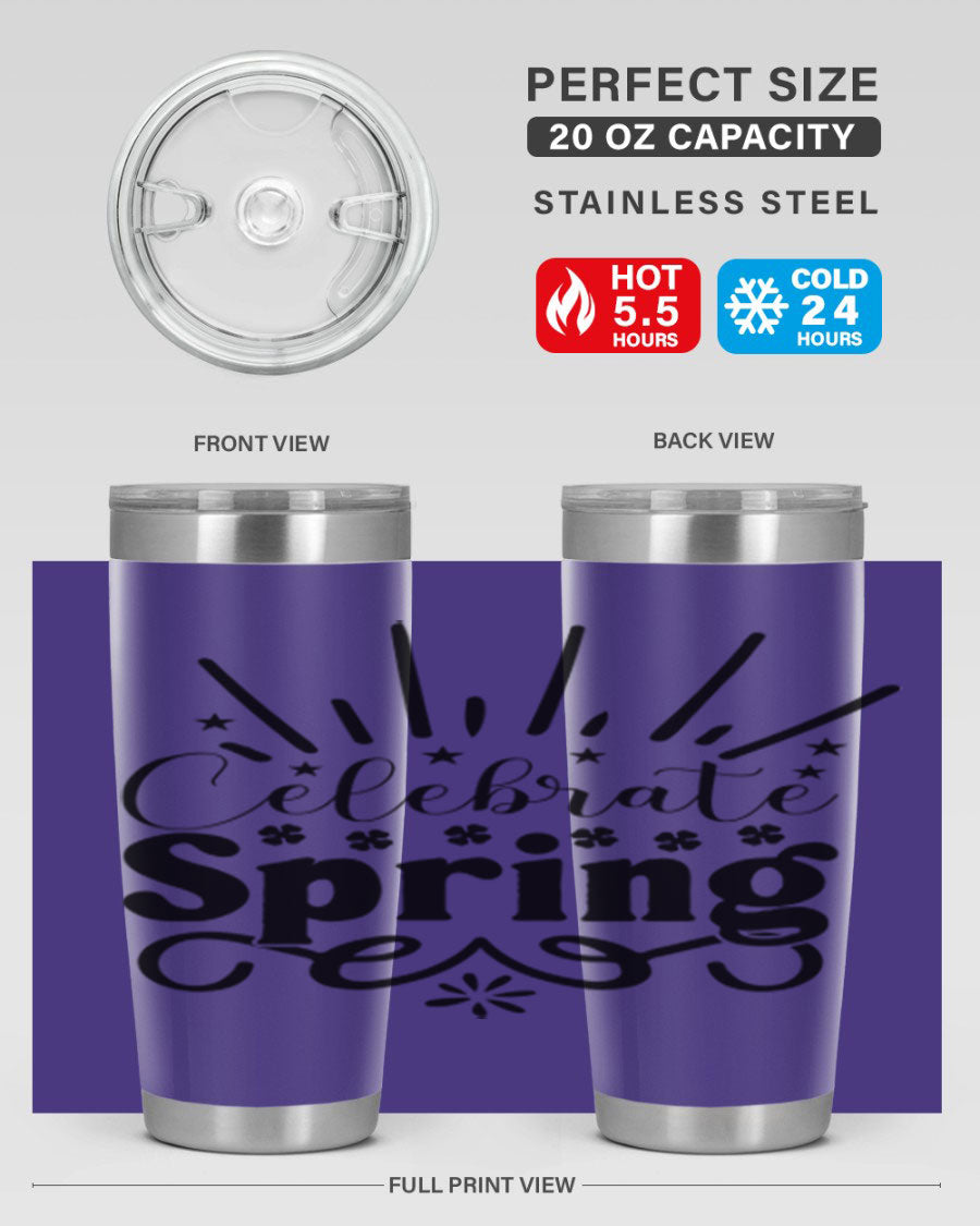Celebrate Spring 20oz Tumbler made of stainless steel with a vibrant spring design, featuring a drink-thru lid.