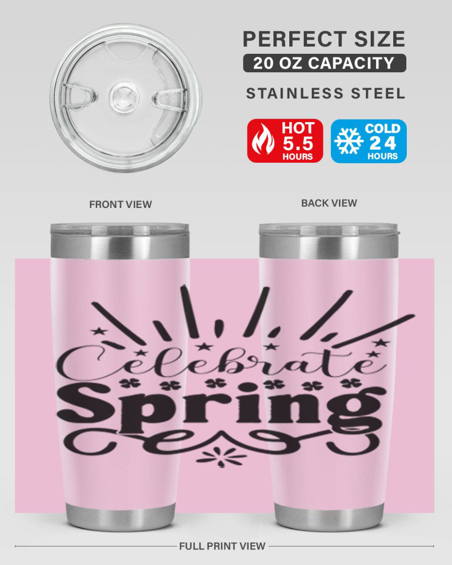 Celebrate Spring 20oz Tumbler made of stainless steel with a vibrant spring design, featuring a drink-thru lid.