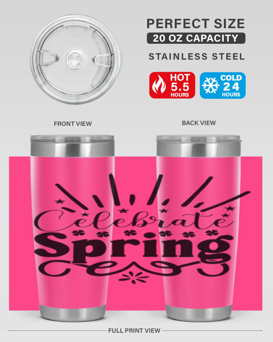 Celebrate Spring 20oz Tumbler made of stainless steel with a vibrant spring design, featuring a drink-thru lid.