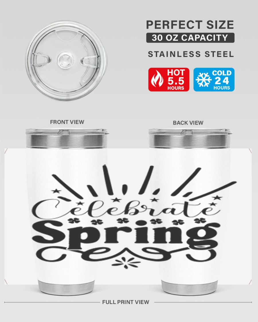 Celebrate Spring 20oz Tumbler made of stainless steel with a vibrant spring design, featuring a drink-thru lid.
